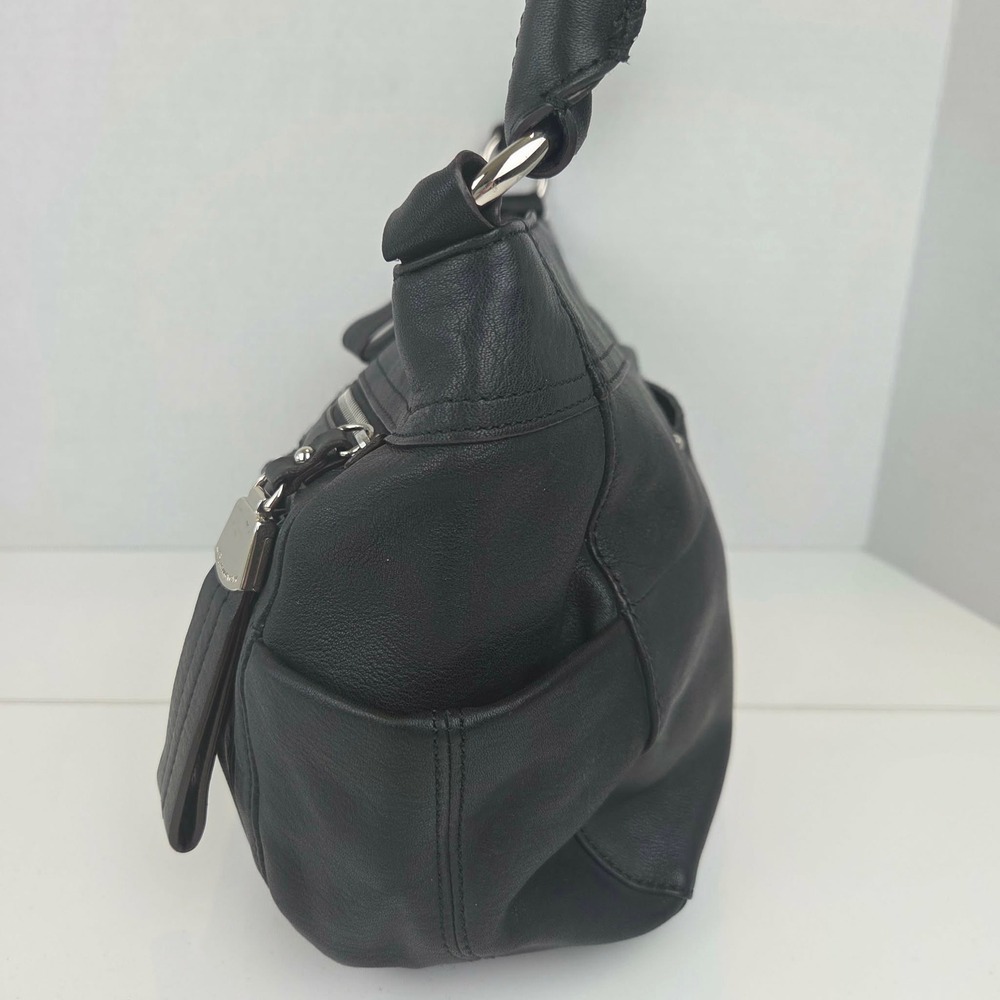 B. Makowsky Black Leather Hobo Shoulder Bag Leopard Print Lining - Picture 4 of 16